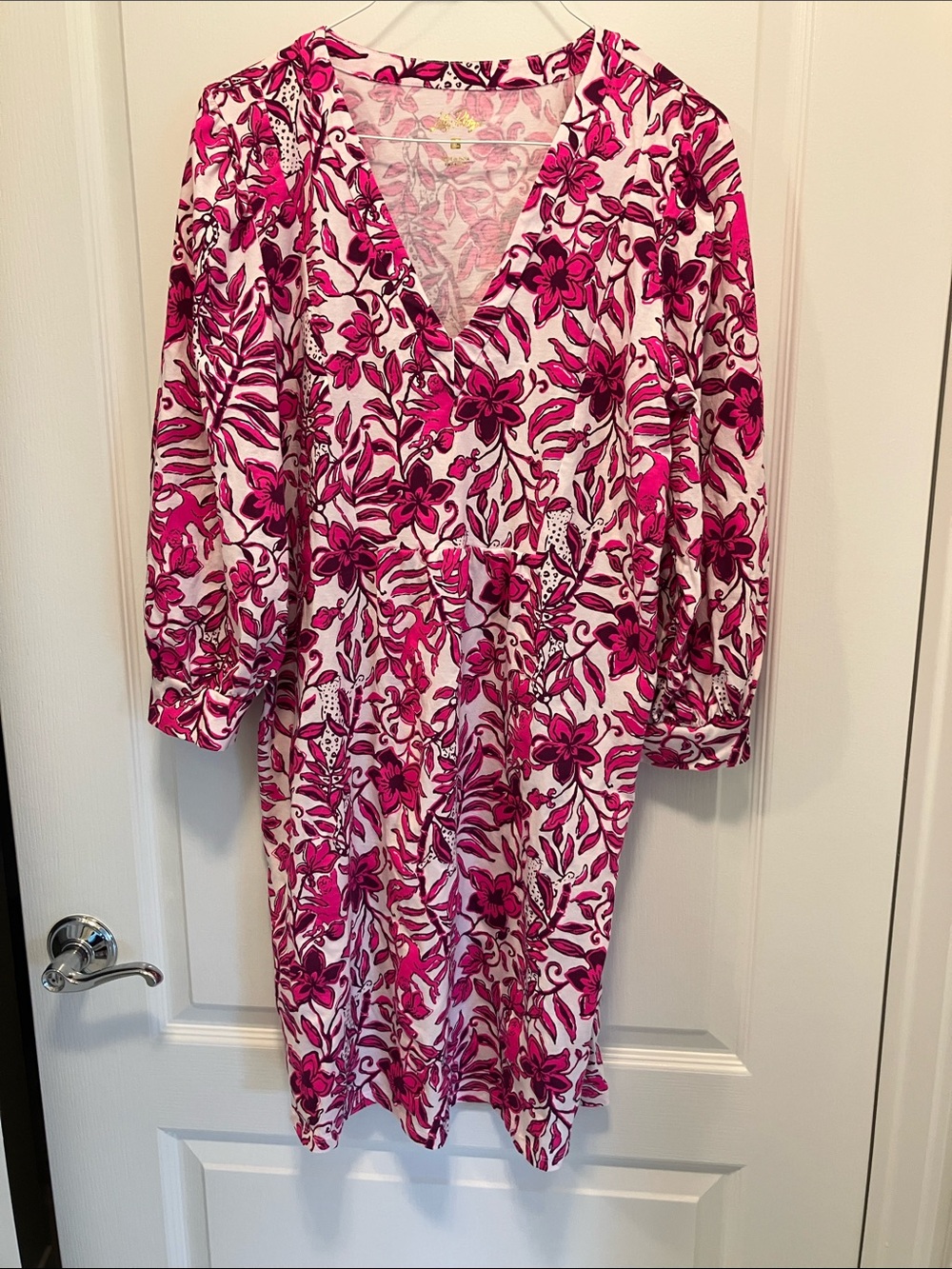 Lilly Pulitzer Pink Floral Midi Shift Dress with V-Neck